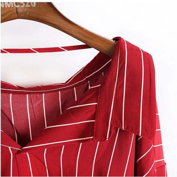 Hong Tai Lang Red & White Stripe Long Sleeves Dip-Back Shirt Women's Size S - Picture 6 of 14